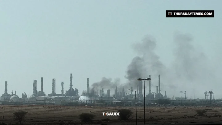 Grey smoke rises over the towers of an oil refinery in a desert landscape