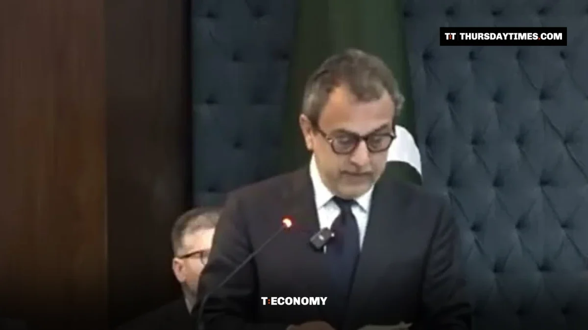 Awais Leghari speaks at a lectern at the National Energy Summit in Islamabad