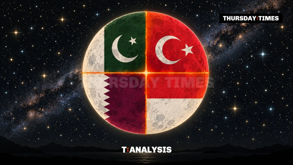 Illustration of a full moon made of four quarters showing the flags of Pakistan, Türkiye, Qatar and Indonesia, welded together by glowing orange seams in a starry night sky