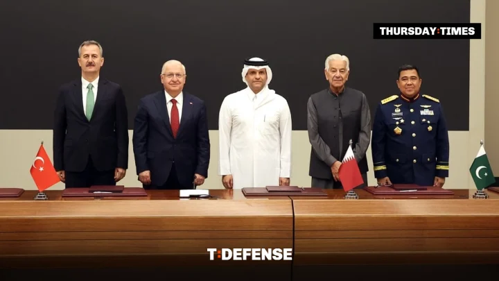 Officials from Türkiye, Qatar, Pakistan and Indonesia, including Pakistan's Defence Minister Khawaja Muhammad Asif (second right), pose after signing the Badr memorandum in Doha on Wednesday. — FILE/THE THURSDAY TIMES