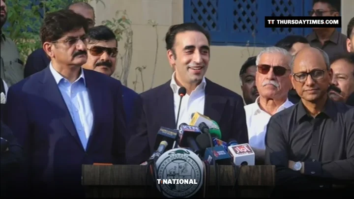Bilawal Bhutto-Zardari speaks into microphones beside Murad Ali Shah in Karachi
