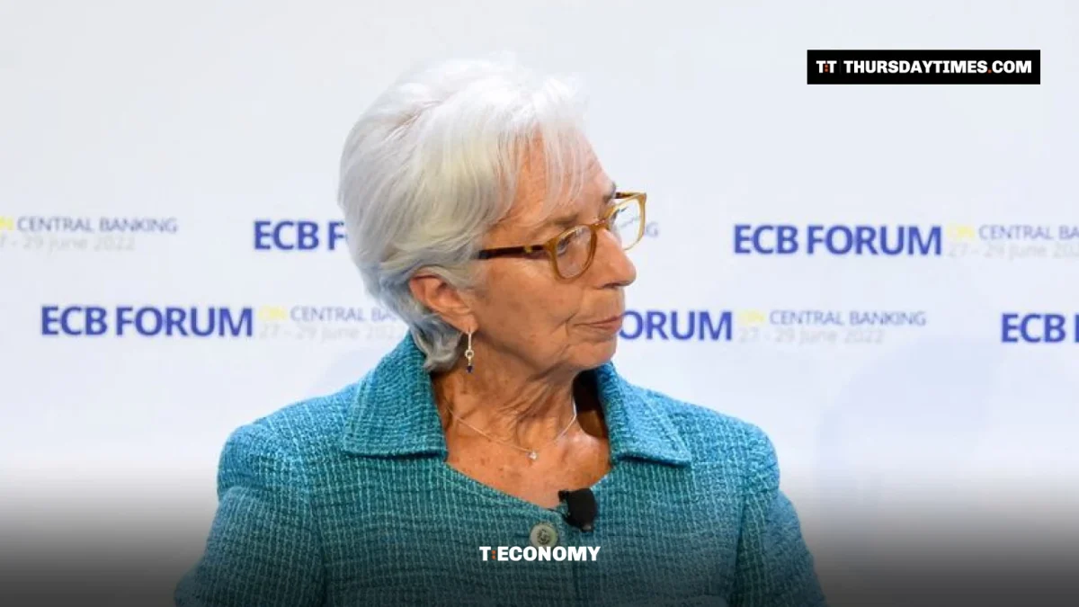 Christine Lagarde seated on stage at an ECB Forum event