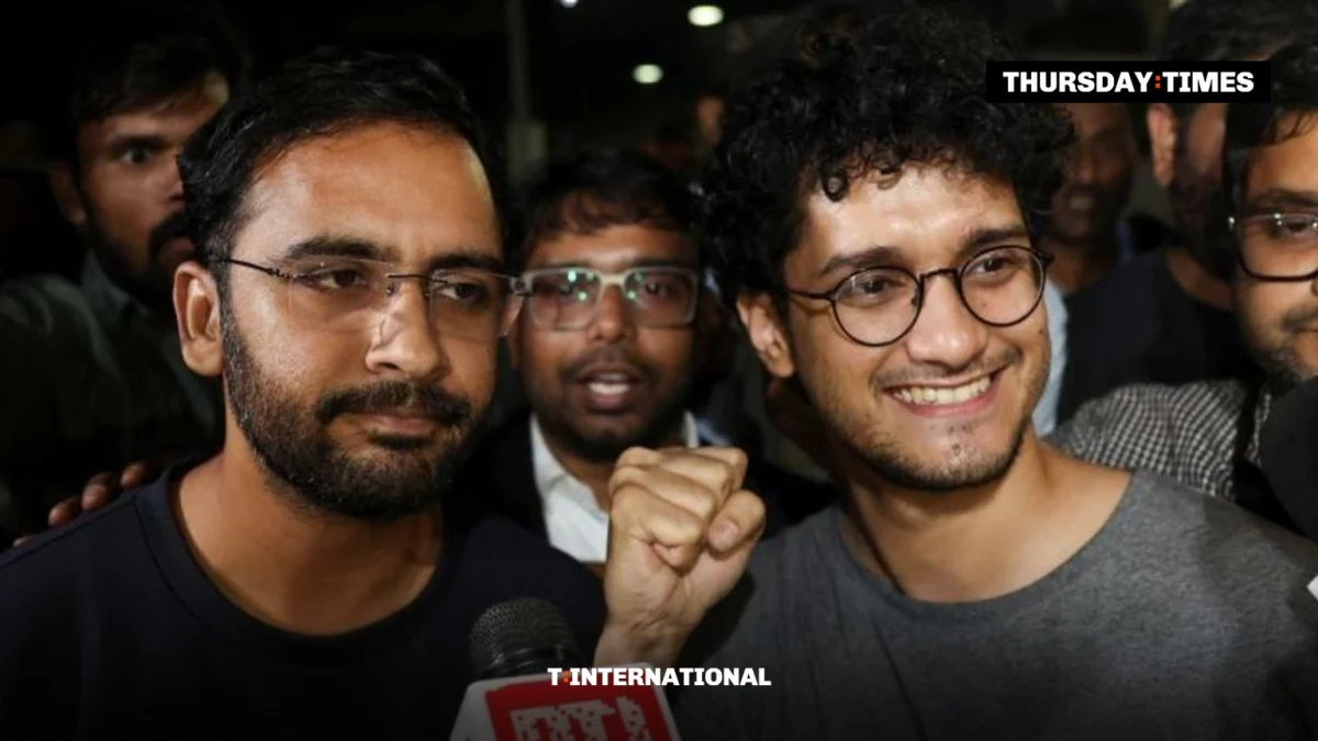 Cockroach Janta Party co-convenors Ashutosh Ranka and Saurav Das speak to the media after their release from jail in New Delhi on Wednesday. — FILE/THE THURSDAY TIMES