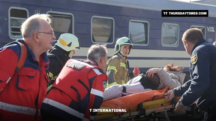 Rescuers in red and firefighters in helmets wheel an injured person on a stretcher past a train in Dnipro