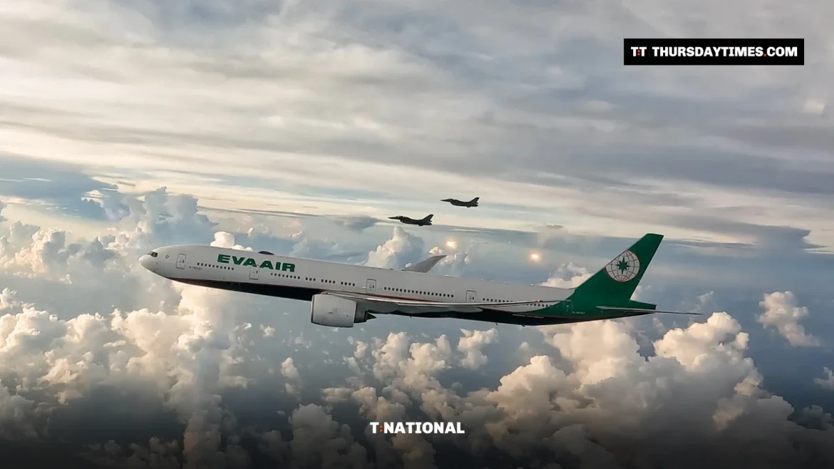 An EVA Air passenger jet flying above the clouds