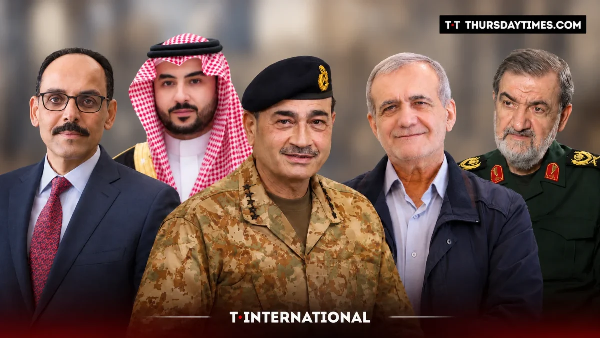Field Marshal Asim Munir, Saudi and Turkish chiefs set for the Makkah Pact’s first joint talks with Iran in Tehran.— COLLAGE/THE THURSDAY TIMES