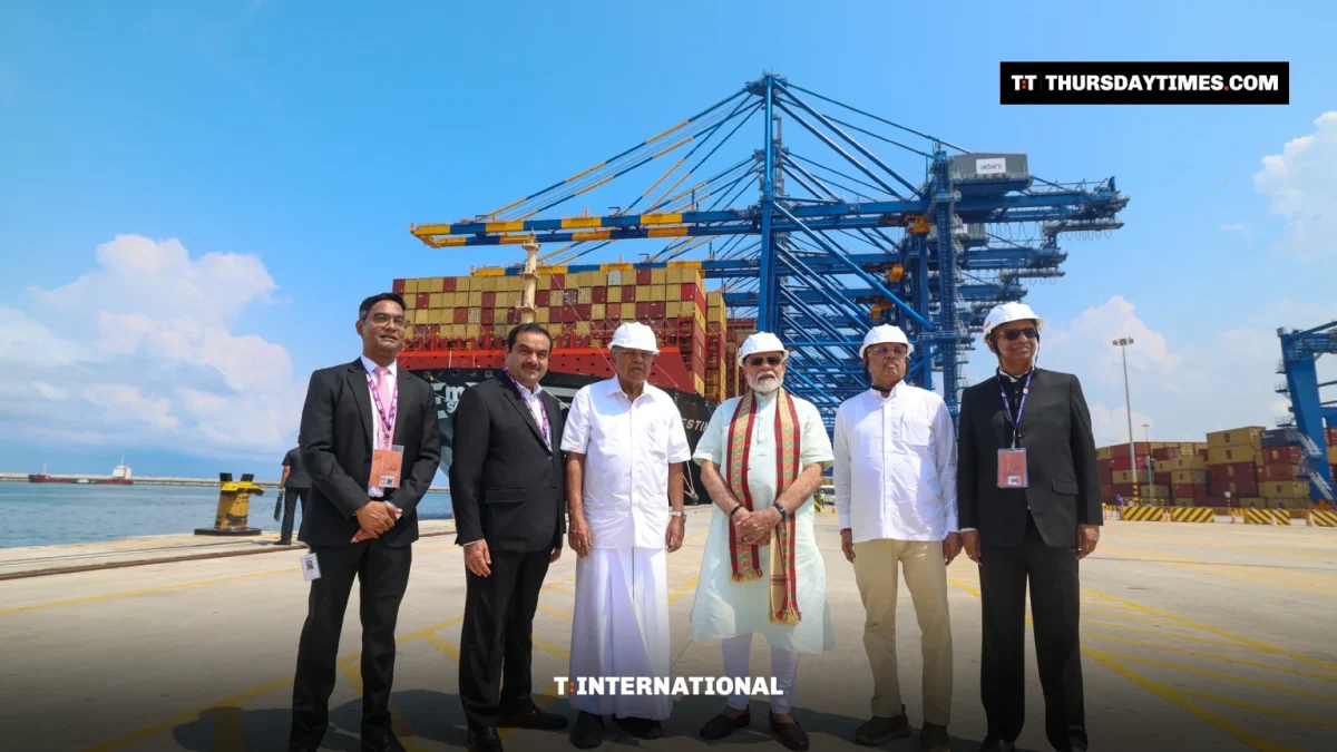 Indian Prime Minister Narendra Modi (centre) with Gautam Adani (second left) at the Adani-run Vizhinjam International Seaport in Thiruvananthapuram, Kerala, on May 2, 2025. — PIB/GOVERNMENT OF INDIA