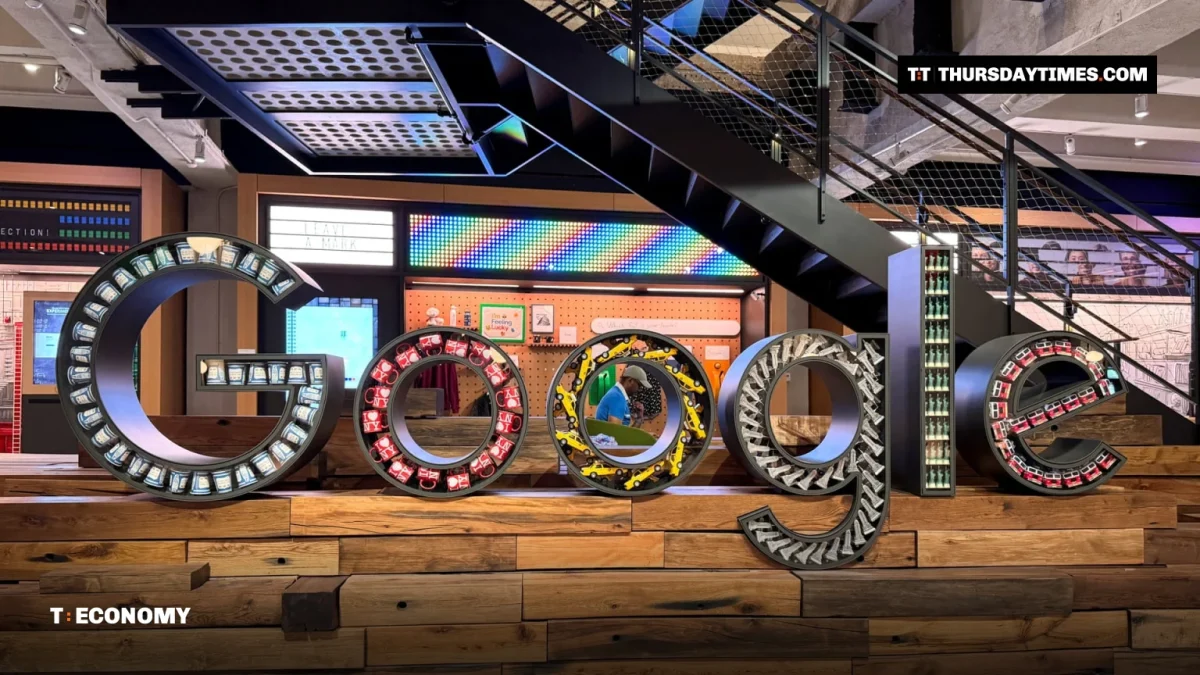 The Google logo built from lit lettering at the company&rsquo;s offices in New York