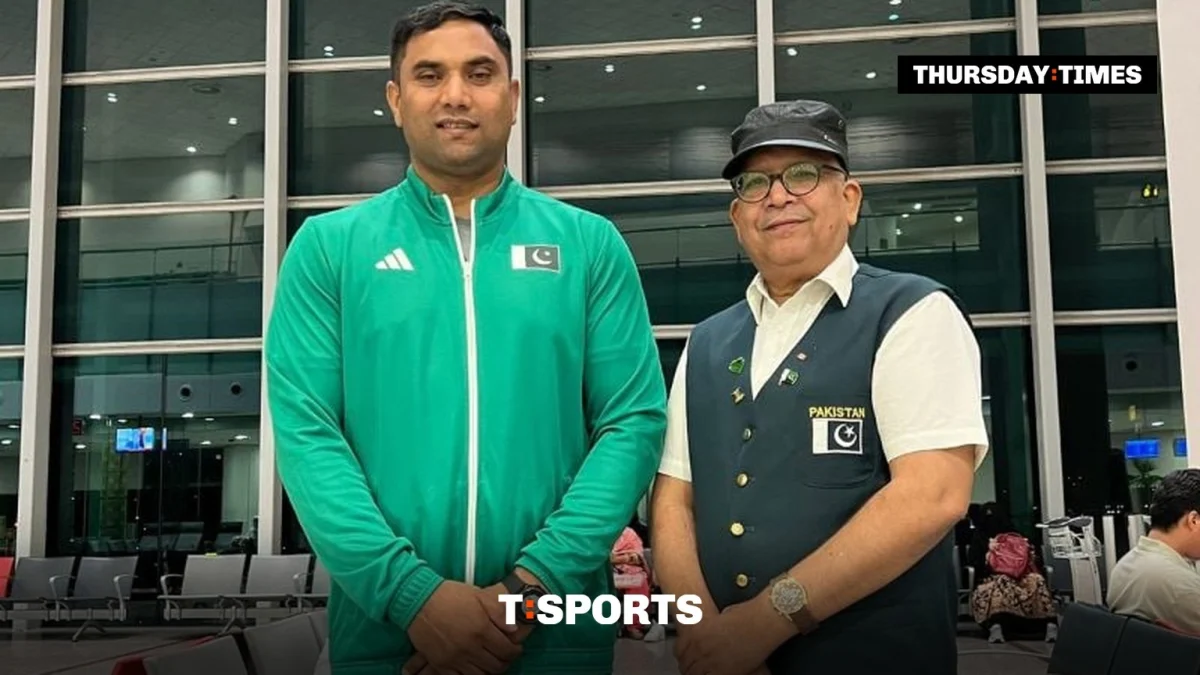 Haider Ali, left, in Pakistan team kit ahead of the Asian Para Games in Nagoya, where he won silver in the F37 discus. Photograph: WE News
