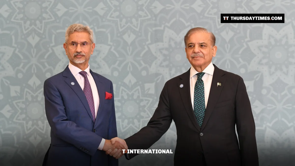 Shehbaz Sharif shakes hands with S Jaishankar at the SCO meeting in Islamabad in 2024