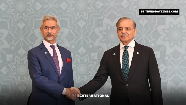 Shehbaz Sharif shakes hands with S Jaishankar at the SCO meeting in Islamabad in 2024