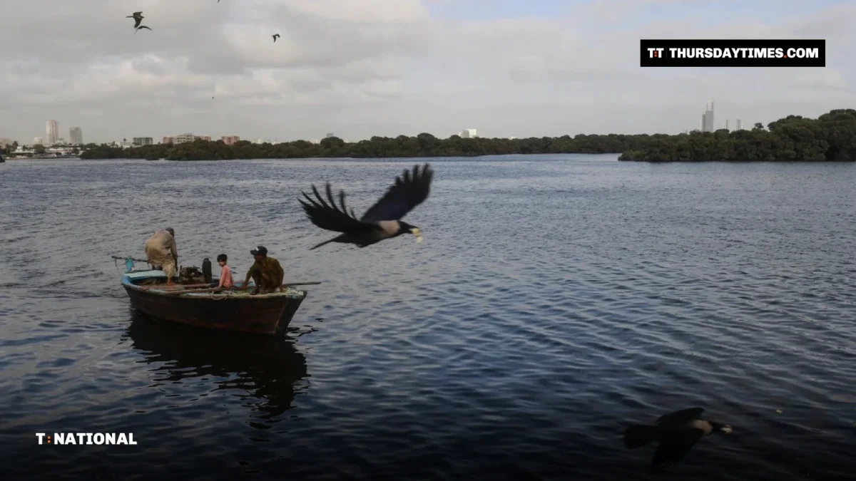 Fishermen in a small wooden boat off Karachi with crows flying overhead