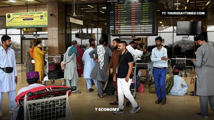 Passengers with luggage trolleys stand beneath a departures board in the terminal at Karachi airport