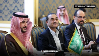 Saudi Defence Minister Prince Khalid bin Salman, Field Marshal Asim Munir and Turkish intelligence chief Ibrahim Kalin attend talks with Iran’s leadership in Tehran on Monday. — IRANIAN STATE MEDIA