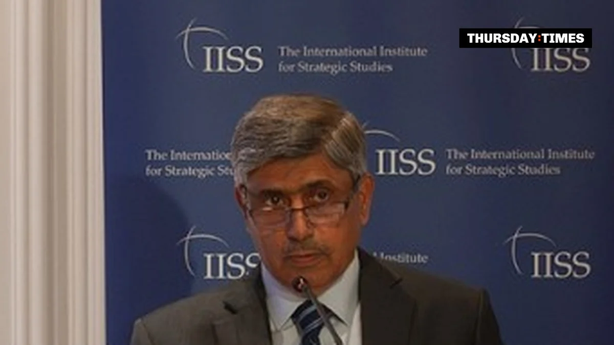 Lieutenant General (Retd) Mazhar Jamil delivers the keynote address at IISS London, 13 October 2026. Photograph: IISS