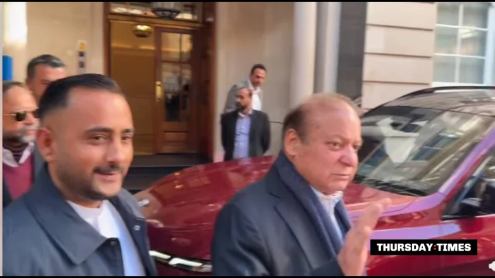 Nawaz Sharif speaks to reporters outside Avenfield House in London, 19 October 2026 — SCREENGRAB VIA 24NEWSHD