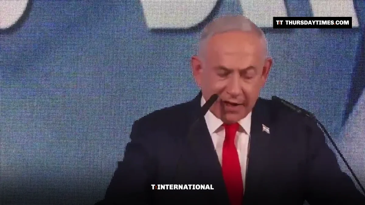 Benjamin Netanyahu speaks at a podium at Likud headquarters