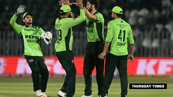 Pakistan's bowlers celebrate during their 37-run win over Sri Lanka in the ODI tri-series opener in Rawalpindi. Photograph: Muhammad Sameer Ali/Getty Images