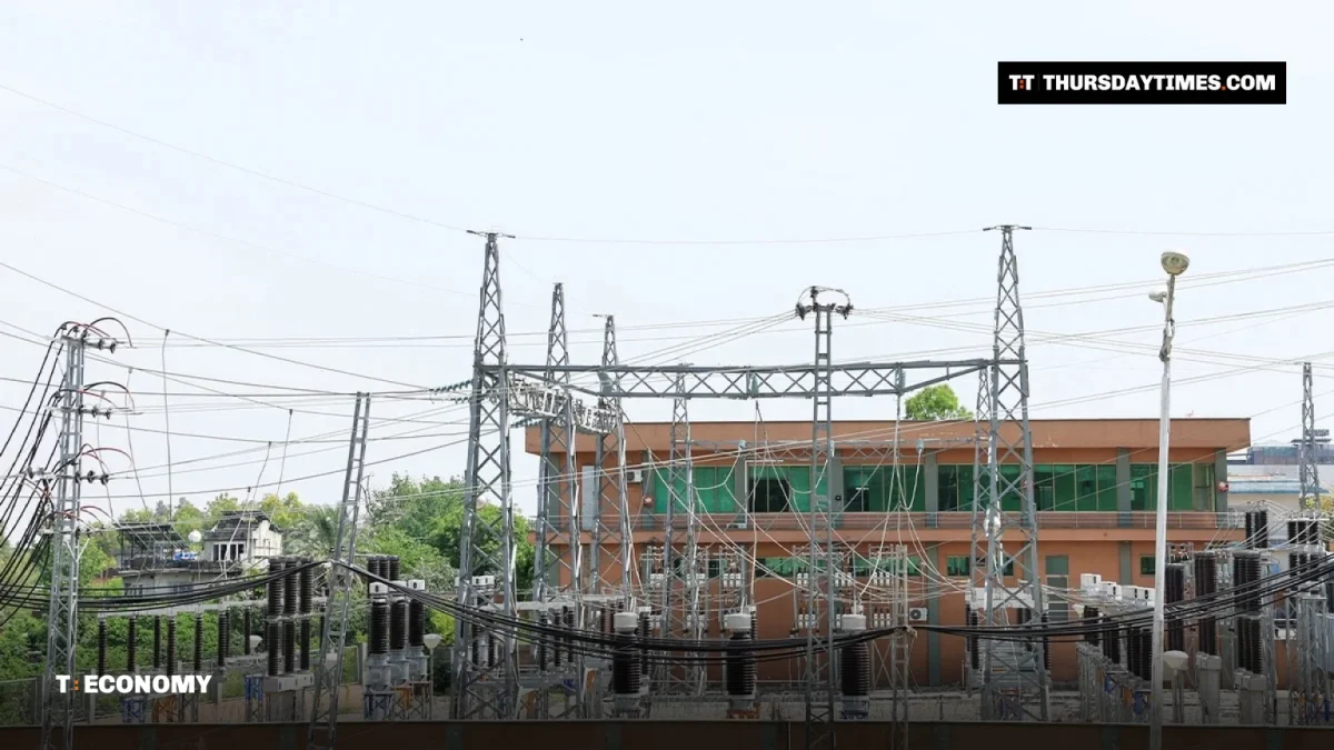 Transformers and pylons at an electricity grid station