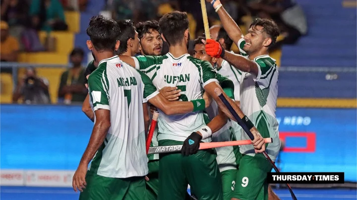 Pakistan's players celebrate during the Asian Games hockey campaign in Nagoya. Photograph: ANI