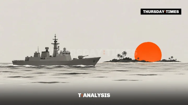 A warship sails towards the atolls of the Indian Ocean. — MICHAEL MCCALL FOR THE THURSDAY TIMES