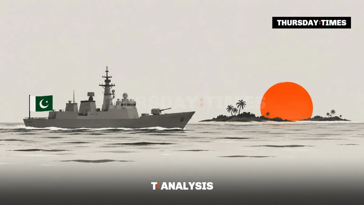 A Pakistani warship sails towards the atolls of the Indian Ocean. — MICHAEL MCCALL FOR THE THURSDAY TIMES