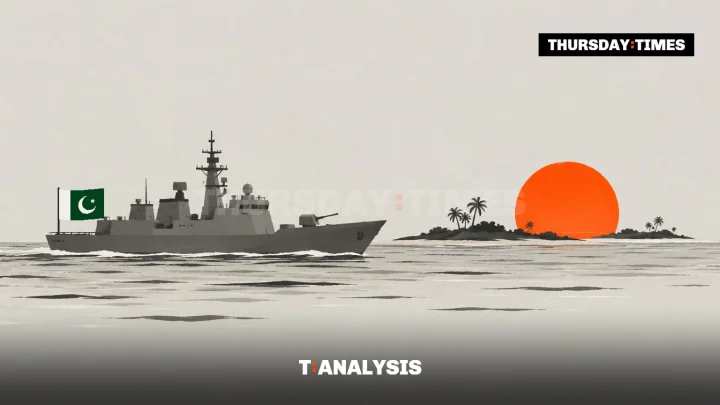 A Pakistani warship sails towards the atolls of the Indian Ocean. — MICHAEL MCCALL FOR THE THURSDAY TIMES