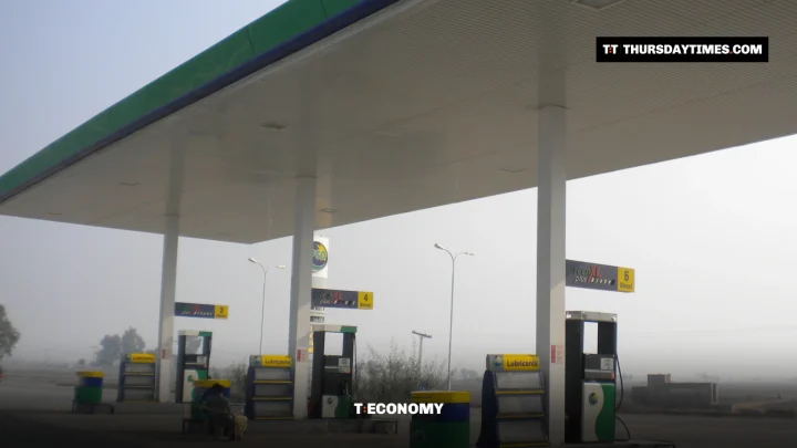 Fuel pumps under the canopy of a highway petrol station in Pakistan