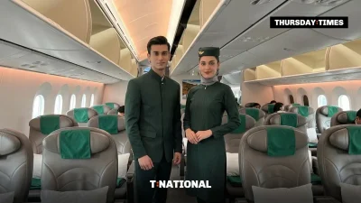 PIA cabin crew model the new uniforms designed by Hassan Sheheryar Yasin. — FILE/THE THURSDAY TIMES