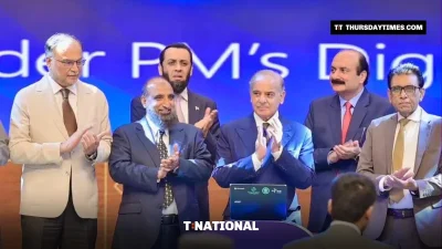 Prime Minister Shehbaz Sharif applauds at the launch of the Prime Minister’s Youth Chromebook Scheme in Islamabad on Sunday. — GOVERNMENT OF PAKISTAN