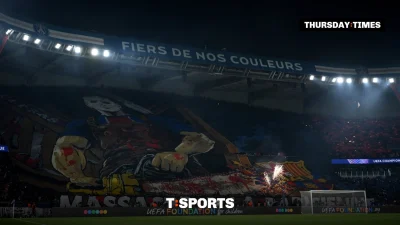 PSG fans display a tifo of a masked man taking a chainsaw to Barcelona’s crest before the Champions League match at the Parc des Princes. Photograph: David Ramos/UEFA via Getty Images