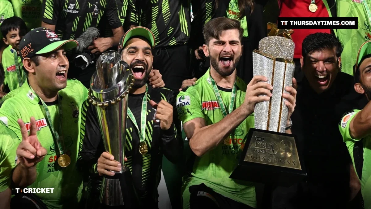 Shaheen Shah Afridi and Lahore Qalandars players celebrate with the PSL trophy