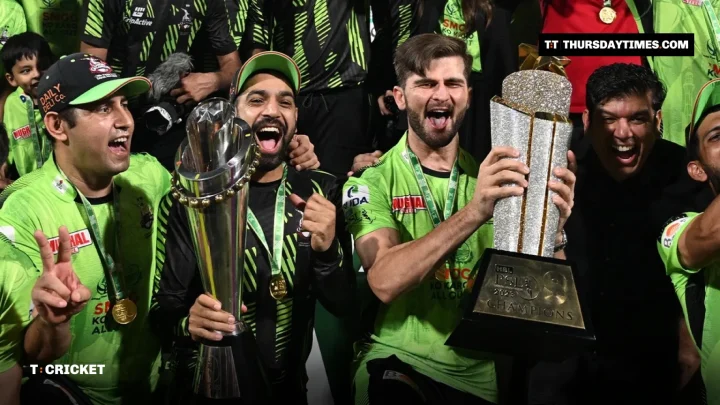 Shaheen Shah Afridi and Lahore Qalandars players celebrate with the PSL trophy