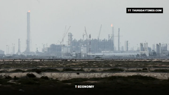 Flare stacks and processing units of the Ras Laffan LNG complex in haze