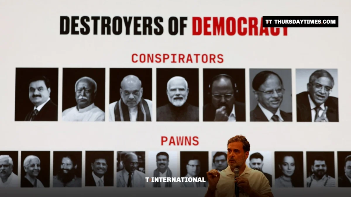 Rahul Gandhi speaks in front of a screen reading Destroyers of Democracy and Vote Chori