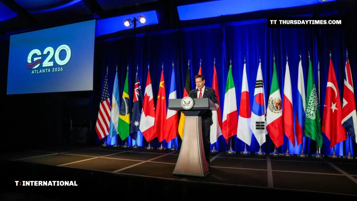 Marco Rubio at a podium in front of G20 flags in Atlanta