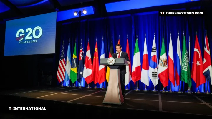 Marco Rubio at a podium in front of G20 flags in Atlanta
