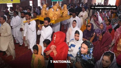 Parishioners of St Francis Xavier Parish in Sargodha pray as a procession passes through the church during a parish celebration earlier this year. — FILE/RADIO VERITAS ASIA