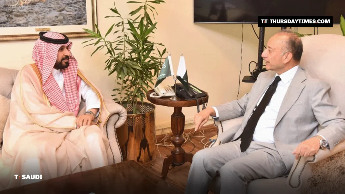 Saudi Ambassador Rajeh bin Tami Al-Baqami in a meeting with a Pakistani minister in Islamabad