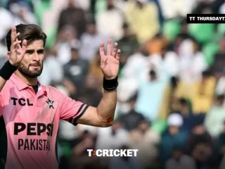 Pakistan captain Shaheen Shah Afridi gestures during the tri-series match against England at the Gaddafi Stadium in Lahore on Sunday, when he took four wickets. — AFP