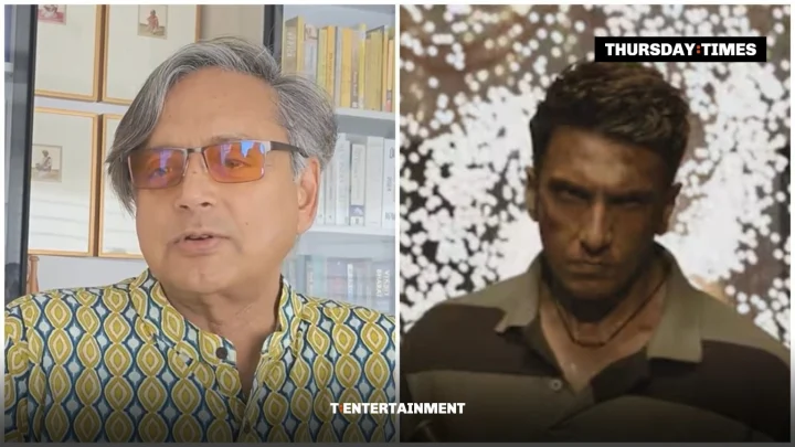 Shashi Tharoor, left, reviewed the Dhurandhar films starring Ranveer Singh, right, in a video posted on his YouTube channel. Photograph: YouTube/Shashi Tharoor, Jio Studios