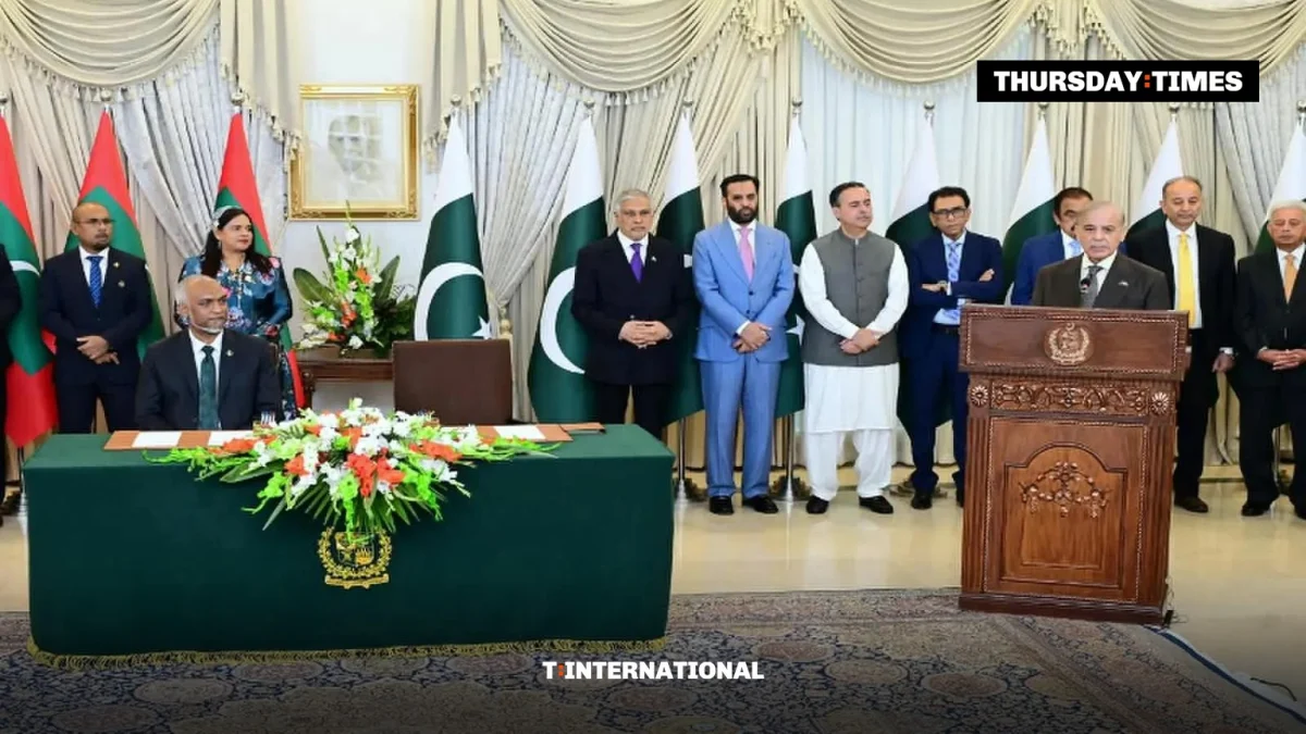 Prime Minister Shehbaz Sharif addresses a joint press stakeout with Maldivian President Mohamed Muizzu in Islamabad on Wednesday. — FILE/THE THURSDAY TIMES