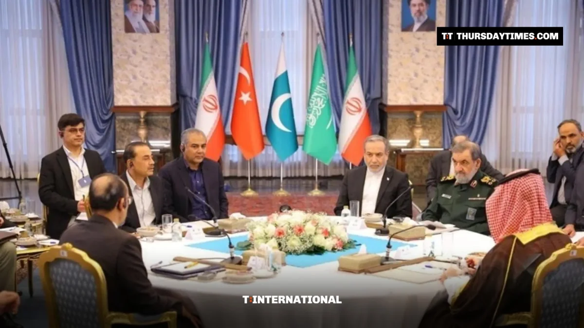 Field Marshal Asim Munir, Interior Minister Mohsin Naqvi, Iranian Foreign Minister Abbas Araghchi, security chief Mohsen Rezaei and the Saudi delegation at the four-way meeting in Tehran on Monday. — PRESS TV