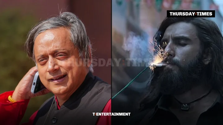 Shashi Tharoor, left, and Ranveer Singh in a still from Dhurandhar. — FILE/THE THURSDAY TIMES
