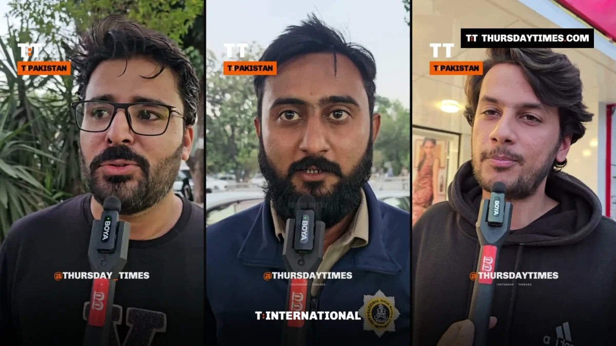 Three people in Islamabad answering a Thursday Times street interviewer holding a microphone