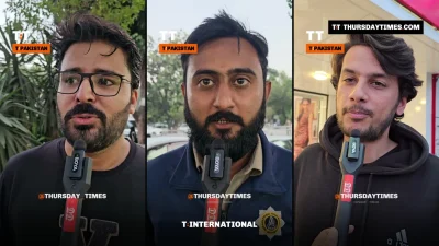 Three people in Islamabad answering a Thursday Times street interviewer holding a microphone
