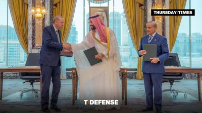 Turkish President Recep Tayyip Erdoğan shakes hands with Saudi Crown Prince Mohammed bin Salman, beside Pakistan's Prime Minister Shehbaz Sharif, after the three signed the Makkah Joint Defence Agreement on August 7. — FILE/THE THURSDAY TIMES