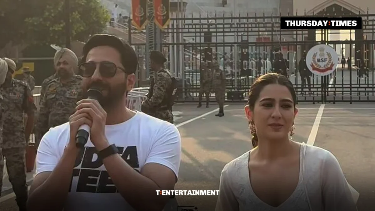 Ayushmann Khurrana and Sara Ali Khan promote ‘Udta Teer’ at the Attari-Wagah border as music plays from the Pakistani side. Photograph: X/@CallMeSheri1_