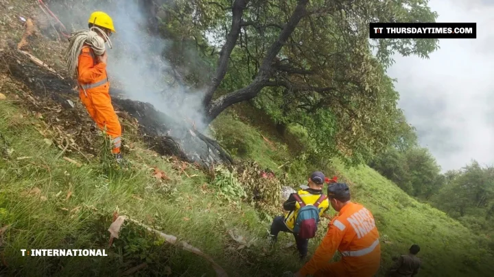 Rescue workers in orange uniforms at a smouldering helicopter crash site on a forested hillside
