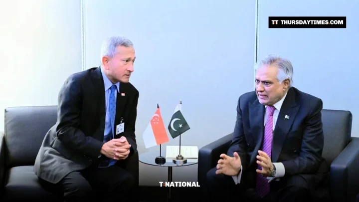 Ishaq Dar and Vivian Balakrishnan talk in armchairs beside Pakistani and Singaporean desk flags